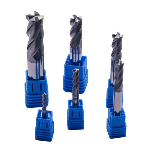 Pro Grade Solid Carbide End Mill Set One Eighth To One Half Inch, Six Pc AlTiN Coated Four Flute CNC Router Bits displayed upright