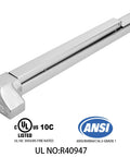 Job Site Ready 304 Stainless Steel Push Bar Panic Exit Device With Exterior Lever Handle UL10C Ansi Grade 1 Certified commercial emergency door hardware, close-up.