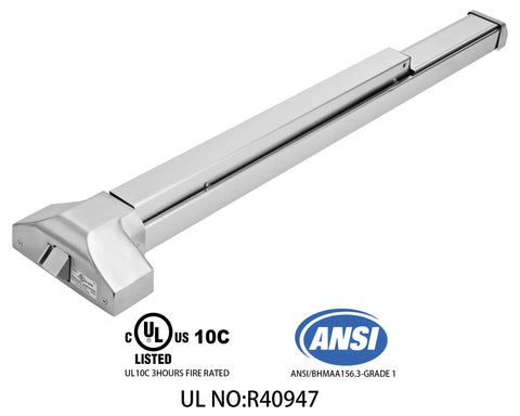 Job Site Ready 304 Stainless Steel Push Bar Panic Exit Device With Exterior Lever Handle UL10C Ansi Grade 1 Certified commercial emergency door hardware, close-up.