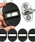 Top Shelf Carbon Fiber Door Lock Covers For Tesla Cybertruck held in hand next to silver door lock, showing rugged design.
