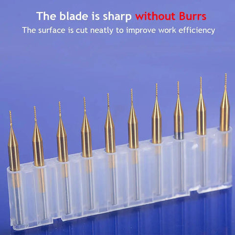 Pro Grade 1 Eighth Inch Shank 0.5mm Carbide End Mill Set for PCB CNC Engraving, gold titanium coat on blue background