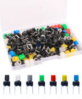 84 Pcs Momentary Tactile Push Button Switch Kit 6x6x8mm with 7 color button caps shown in transparent box with black base switches