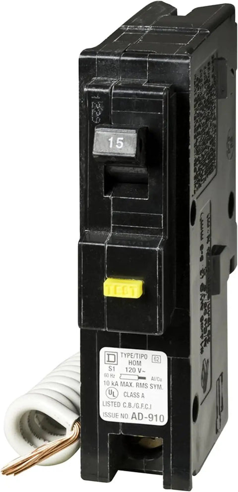 Homeline 1 Pole 15 Amp GFCI Circuit Breaker 120 Volt Model HOM115GFICP close-up view with coil wire