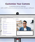 Straight Up 1080P HD Webcam With Kickass AI Noise Cancellation Dual Built In Mics Physical Privacy Shutter Smooth Casting And Plug Play Simplicity Ideal For Zoom Huddles Or Stream Sessions displayed on monitor with customization settings.