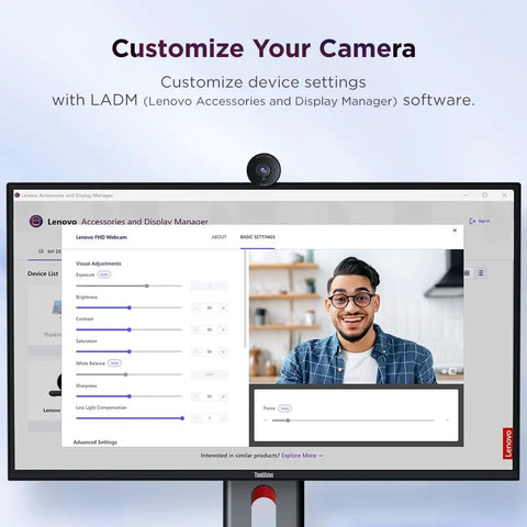 Straight Up 1080P HD Webcam With Kickass AI Noise Cancellation Dual Built In Mics Physical Privacy Shutter Smooth Casting And Plug Play Simplicity Ideal For Zoom Huddles Or Stream Sessions displayed on monitor with customization settings.