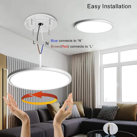 Easy installation of a 12 Inch Ultra Thin LED Flush Mount Ceiling Light Fixture Daylight White 5000K shown over a living room area.