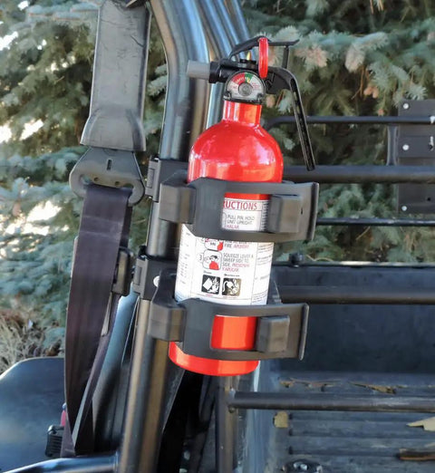Tailgate Tested Polaris RZR Fire Extinguisher Kit With Slick Quick Release Mount And Ul Rated Point Five Pound Canister mounted on RZR.