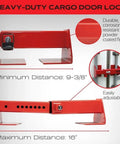 Heavy Duty Cargo Door Lock For Shipping Containers And Semi Trailers Powder Coated Steel Security Fits Vertical Door Bars 9 To 16 Inches Keyed Differently Durable Semi Truck Storage Lock, showing adjustable red lock with measurements