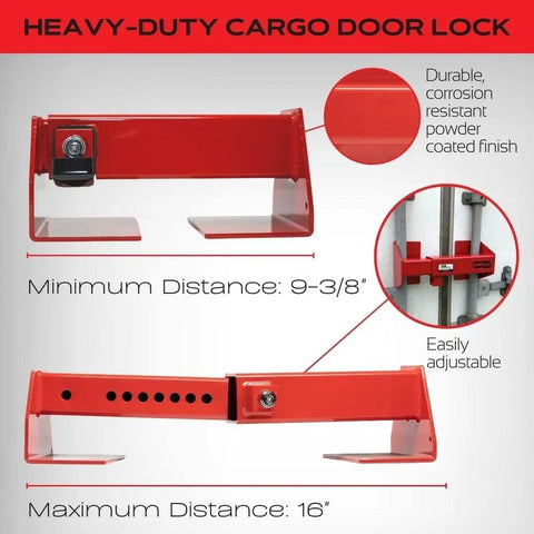 Heavy Duty Cargo Door Lock For Shipping Containers And Semi Trailers Powder Coated Steel Security Fits Vertical Door Bars 9 To 16 Inches Keyed Differently Durable Semi Truck Storage Lock, showing adjustable red lock with measurements