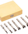 Professional 7 Piece Forstner Bit Set delivers dead on accuracy with steel bits ranging from 1/4 to 1 inch in wooden box.