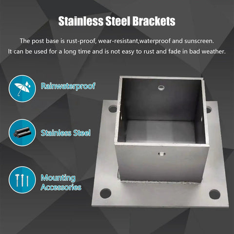 No Sweat Installation Heavy Duty Wood Post Base Brackets With Stainless Steel Railing Supports And Rust Resistant Column Protectors For Gazebo Deck Pergola And Fence Build, showing stainless steel bracket with waterproof features.