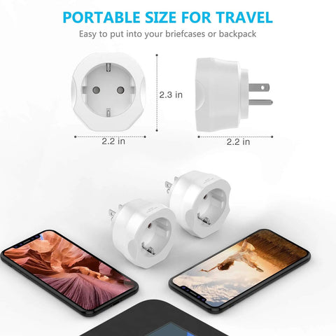 European To US Plug Adapter 1 Pack For Travel Ready Use Converts Type C E F Sockets To USA Power Europe To America Travel Converter Ideal For Spain France Germany And More, shown with size dimensions and smartphones for scale.