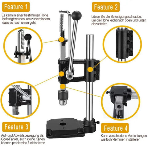 Metal drill press kit with adjustable height feature shown from multiple angles, highlighting detailed components in German text.