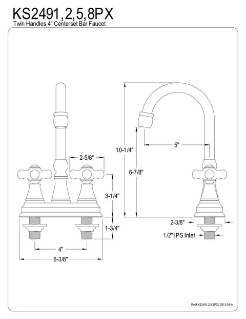 Technical diagram showing dimensions of the Governor Two Handle Deck Mount Bar Faucet in Oil Rubbed Bronze with Half Inch IPS Connection.