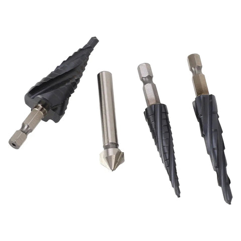 Heavy Duty Step Drill Bits With 4 Spiral Flutes Made From M35 Cobalt for Smoother Drilling In Metal Wood And Plastic With Quick Size Removal For Stainless Steel And Aluminum Jobs, 4-piece set