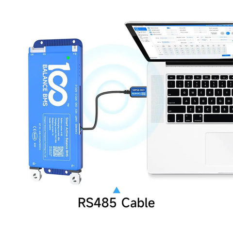 Dead Simple Plug And Play Wifi Module For Smart Active Balance Bms connected via RS485 cable to laptop.