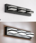 Black LED Vanity Light Fixture Over Mirror Three Light Modern Bath Lighting on and off view with durable aluminum frame.