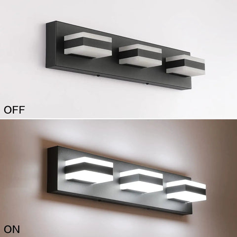 Black LED Vanity Light Fixture Over Mirror Three Light Modern Bath Lighting on and off view with durable aluminum frame.