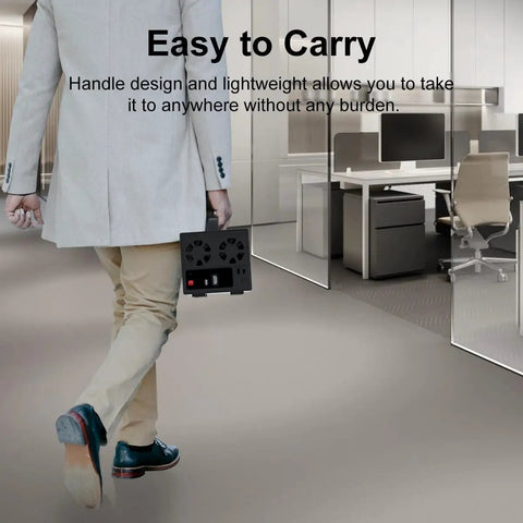 Person carrying the Plug And Play Heavy Lifter Four Bay Sata Storage Enclosure For 2.5 And 3.5 Inch Drives with Chill Operating Fan.