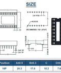 Technical diagram of L293D Four Channel Motor Driver Module DIP16 for Arduino DIY projects with 16P IC socket layout measurements