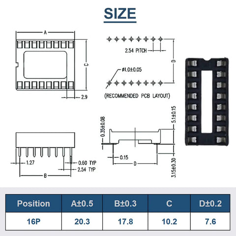 Technical diagram of L293D Four Channel Motor Driver Module DIP16 for Arduino DIY projects with 16P IC socket layout measurements