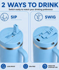 40 Oz Double Wall Insulated Travel Tumbler With Detachable Paracord Handle And Leakproof Lid shows two drinking options: sip and swig.