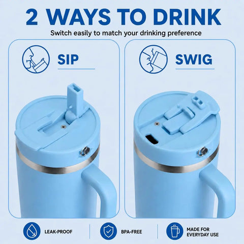 40 Oz Double Wall Insulated Travel Tumbler With Detachable Paracord Handle And Leakproof Lid shows two drinking options: sip and swig.