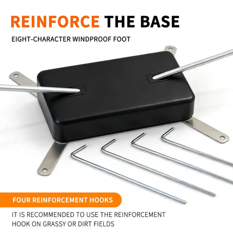Base of Portable Badminton Net Set With Adjustable 8.9 Ft Height Foldable Outdoor Indoor Net System, showing windproof foot and reinforcement hooks