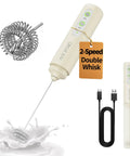 Top Shelf Rechargeable Two Speed Milk Frother With Dual Spring Stainless Whisk, Handheld Cordless Mixer For Silky Latte Foam, Matcha Drinks, And Protein Shakes, No Sweat Daily Kitchen Must Have, showing whisk, frother, USB cable.