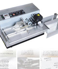 Automatic Print Date Label Machine 180W Ink Wheel Printer with stainless steel structure showing printed labels.