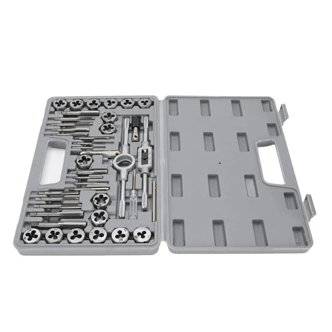 Brilluxa 40Pc Heavy Duty Tap And Die Set With M3 To M12 Alloy Steel Threading Tools For Cutting UNC UNF NPT Threads On Bolts Screws And Fasteners Repairing Damaged Metal Parts Like A Boss In Your Garage Or Professional Shop open case with tap and die tools