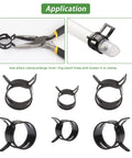 400Pcs Spring Band Hose Clamps Kit, 15 Size Assortment 6mm To 20mm, Built Tough With 65Mn Steel, displayed with pliers and hose application