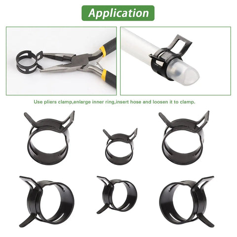 400Pcs Spring Band Hose Clamps Kit, 15 Size Assortment 6mm To 20mm, Built Tough With 65Mn Steel, displayed with pliers and hose application