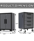 Dimensions of the Nine Piece Steel Garage Cabinet Set With Locking Storage and Rolling Chest Includes Tall Cabinets Base Cabinets Wall Cabinets Four Drawer Cabinet on Casters for Easy Tool Organization in Black and Grey