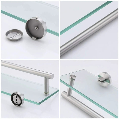 Tempered Glass Bathroom Shelf With Towel Bar 20 Inch Wall Mounted Storage Unit In Brushed Stainless Steel SUS 304