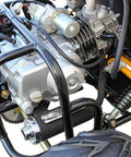 Close-up of engine and rear tire on Kids 125cc Go Kart Raptor Style Fully Automatic With Reverse Blue Mid Size 4 Stroke