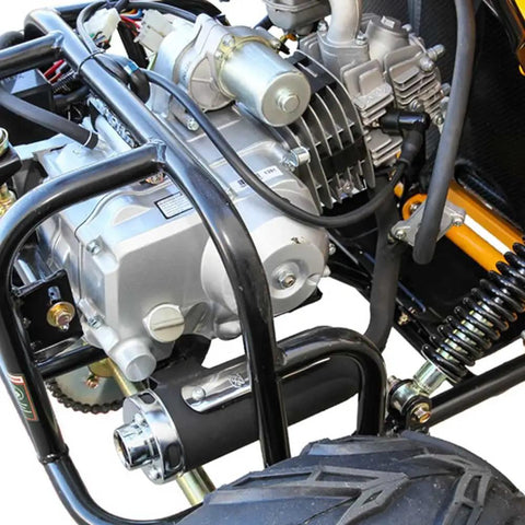 Close-up of engine and rear tire on Kids 125cc Go Kart Raptor Style Fully Automatic With Reverse Blue Mid Size 4 Stroke