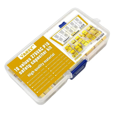 275VAC X2 MKP Safety Capacitor Kit 10 Value Pack With 50 Pieces In Yellow Plastic Case, 10mm Pitch, Polypropylene Film Capacitors