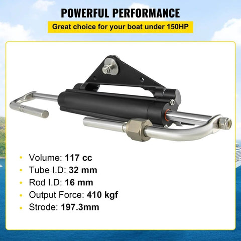 Front Mount Hydraulic Steering Cylinder HC4645H For Outboard Boats Up To 150HP shown with specifications