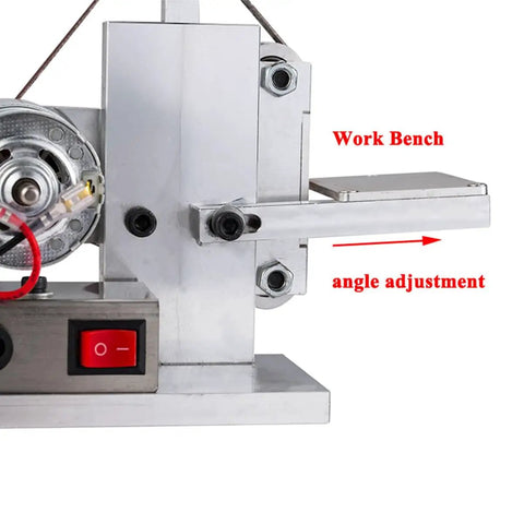 Close-up of angle adjustment on 110V Mini Belt Sander Polisher With 9000 RPM, Dual Bearing Dust Guard, Edge Sharpener