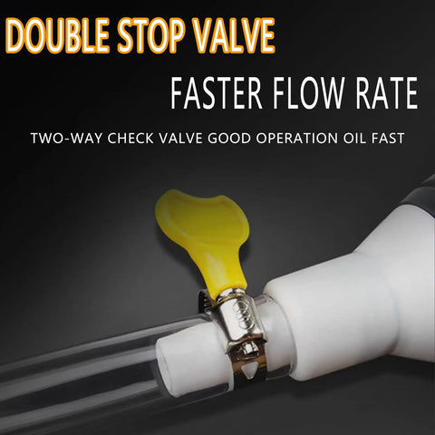 Close-up of Siphon Hand Pump for Quick Fuel Transfer with yellow double stop valve, clear PVC tube visible.