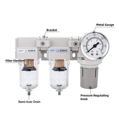 1/4 Inch NPT Air Drying System with Double Air Filters and Regulator, Semi Auto Drain, Poly Bowl, 5 Micron Brass Filters