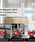 3 Pack Magnetic Door Catches Featuring Zero Drill Hassle And Rock Solid Adhesive Mounting, shiny silver latch demonstrating cabinet trouble solutions.