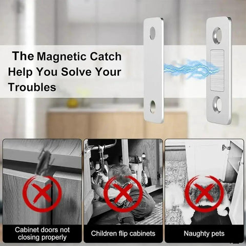 3 Pack Magnetic Door Catches Featuring Zero Drill Hassle And Rock Solid Adhesive Mounting, shiny silver latch demonstrating cabinet trouble solutions.