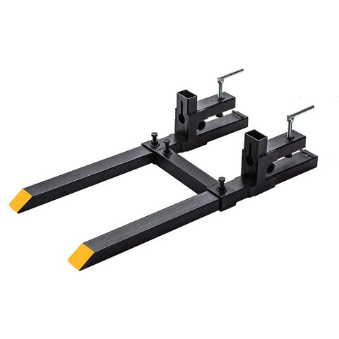 Clamp On Pallet Forks For Tractor Bucket With Adjustable Stabilizer Bar, 43 Inch Length, 2000 Pound Capacity, black finish