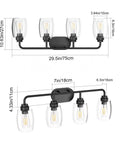 Diagram of 4 Lights Black Vanity Light Fixtures Over Mirror With Clear Glass Shades, showing dimensions and industrial design