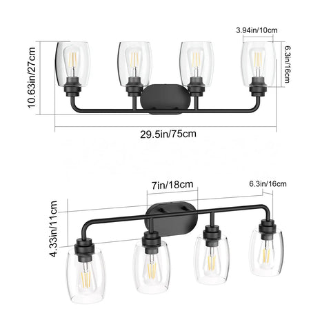 Diagram of 4 Lights Black Vanity Light Fixtures Over Mirror With Clear Glass Shades, showing dimensions and industrial design