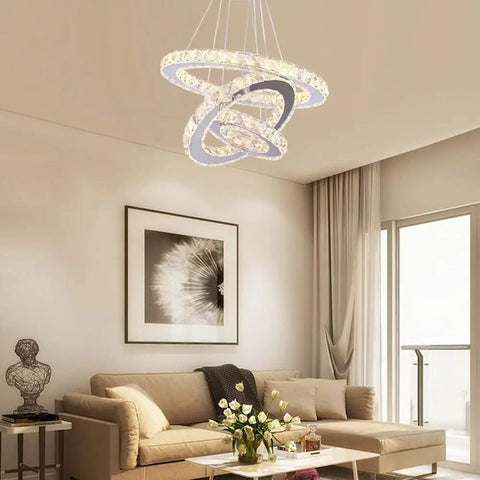 Modern 3 Ring Crystal Chandelier With Adjustable Stainless Steel Pendant Lighting LED Ceiling Fixture For Living Room