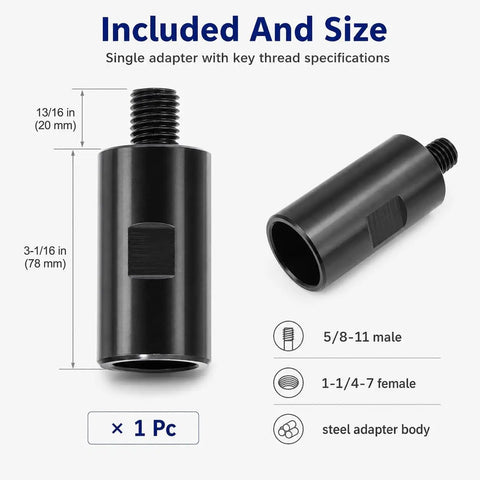 Heavy Duty Hardened Steel Core Drill Thread Adapter That Pulls Off A Smooth Swap From One Inch And Quarter Female To Five Eighths Male Threads, showing dimensions and thread specifications.