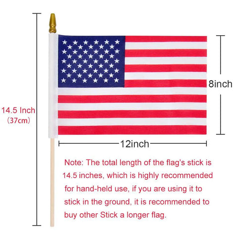 12 Pack 8x12 Inch Handheld American Flags On Wooden Sticks With Kid Safe Spear Top For Memorial Day And Fourth Of July Decor, Durable Polyester US Flags, 14.5 Inch Total Length, Fade Resistant Patriotic Party Supplies, flag dimensions illustration